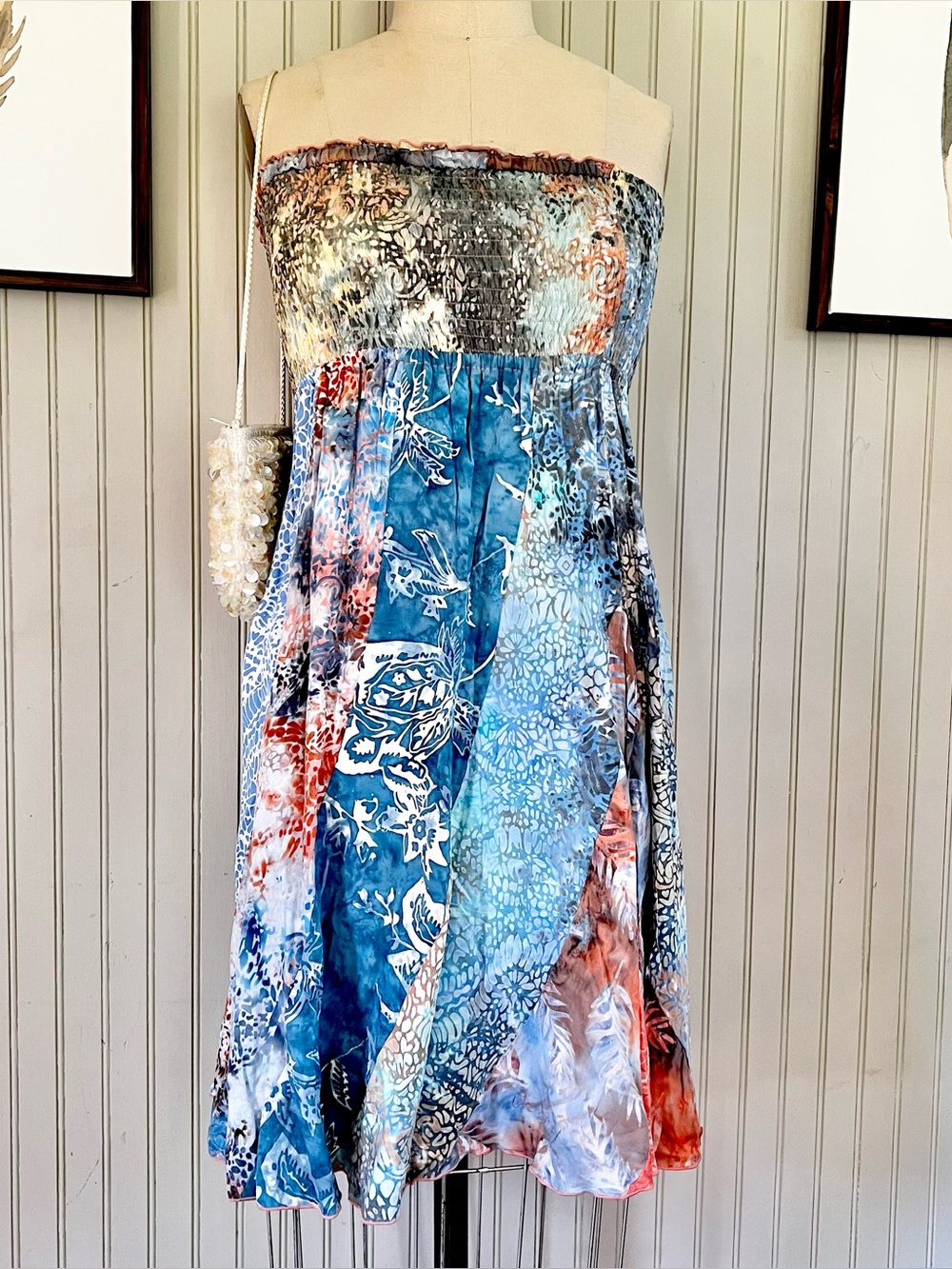 Santiki Strapless Multi Print Multi Color Smocked Mini Dress to Skirt Beach Wesr